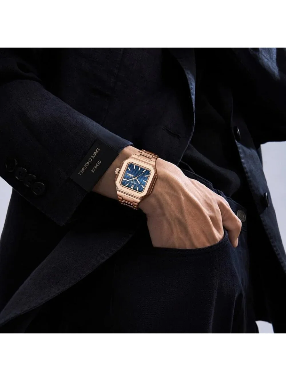 Nibosi Men's Rose Blue Analog Quartz Stainless Steel Waterproof Square Watch
